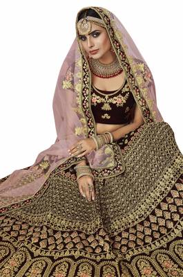 Maroon Embroidered Velvet Semi Stitched Lehenga With Dupatta 2