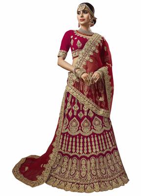 Maroon Embroidered Velvet Semi Stitched Lehenga With Dupatta 1