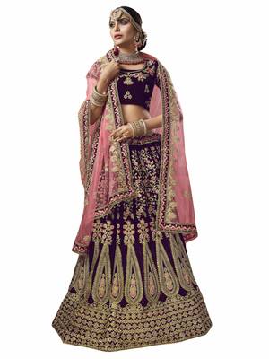 Purple Embroidered Velvet Semi Stitched Lehenga With Dupatta 1