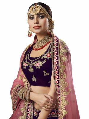 Purple Embroidered Velvet Semi Stitched Lehenga With Dupatta 2
