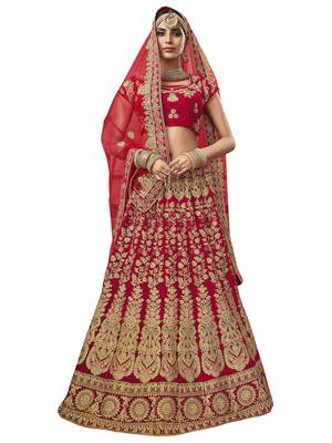 Red Embroidered Velvet Semi Stitched Lehenga With Dupatta 1