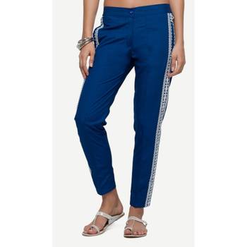 Poplin Blue Poplin Fabric Slim Fit Embroidered Cigarette Pants For Women's 1