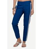 Poplin Blue Poplin Fabric Slim Fit Embroidered Cigarette Pants For Women's