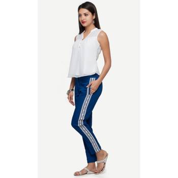 Poplin Blue Poplin Fabric Slim Fit Embroidered Cigarette Pants For Women's 2