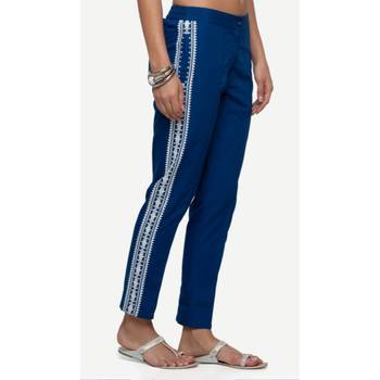 Poplin Blue Poplin Fabric Slim Fit Embroidered Cigarette Pants For Women's 3