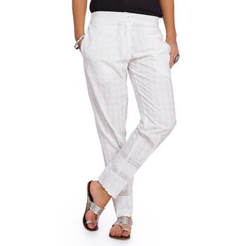 Cambric White Cambric Fabric Slim Fit Embroidered Cigarette Pants For Women's 1