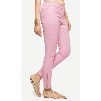 Cotton Pink Cotton Fabric Slim Fit Solid Cigarette Pants For Women's 3