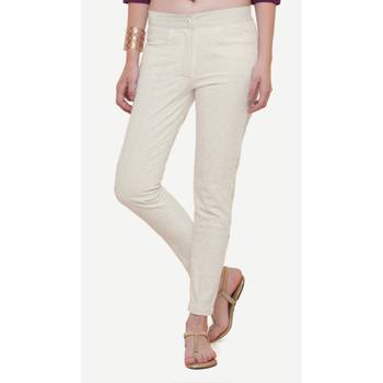Cotton Beige Cotton Fabric Slim Fit Embroidered Cigarette Pants For Women's 2