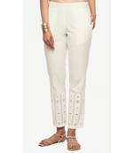 Cotton White Cotton Fabric Slim Fit Embroidered Cigarette Pants For Women's