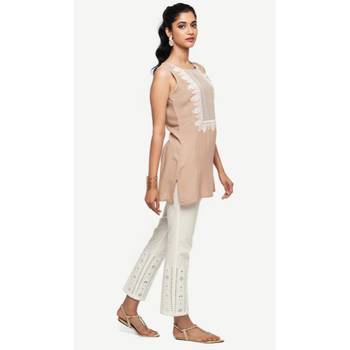 Cotton White Cotton Fabric Slim Fit Embroidered Cigarette Pants For Women's 2
