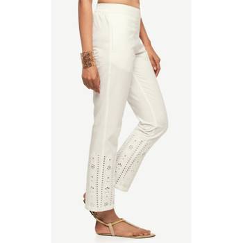 Cotton White Cotton Fabric Slim Fit Embroidered Cigarette Pants For Women's 3