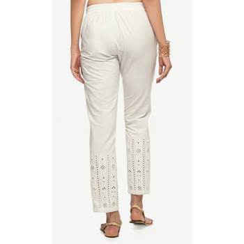 Cotton White Cotton Fabric Slim Fit Embroidered Cigarette Pants For Women's 4