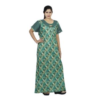 Green & beige colour checks design printed round  neck cotton nighty for ladies nightwear 1