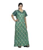 Green & beige colour checks design printed round  neck cotton nighty for ladies nightwear