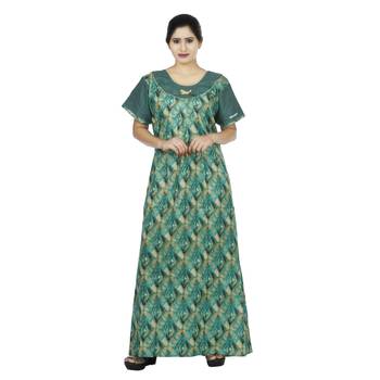Green & beige colour checks design printed round  neck cotton nighty for ladies nightwear 2
