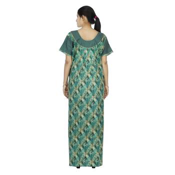 Green & beige colour checks design printed round  neck cotton nighty for ladies nightwear 3