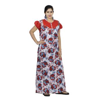 Red & white colour floral design printed collar neck cotton nighty for ladies nightwear 1