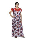 Red & white colour floral design printed collar neck cotton nighty for ladies nightwear