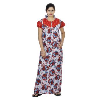 Red & white colour floral design printed collar neck cotton nighty for ladies nightwear 2