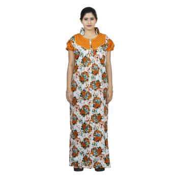 Yellow & white colour floral design printed collar neck cotton nighty for ladies nightwear 1