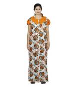 Yellow & white colour floral design printed collar neck cotton nighty for ladies nightwear