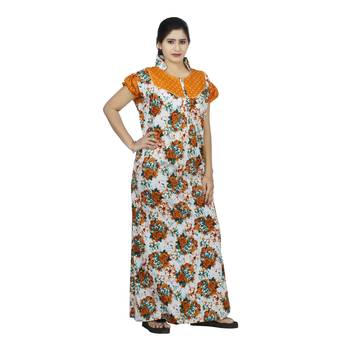 Yellow & white colour floral design printed collar neck cotton nighty for ladies nightwear 2