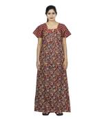 Red & multi colour colour floral design printed square neck cotton nighty for ladies nightwear