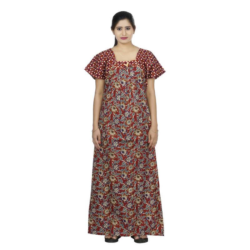 Red & multi colour colour floral design printed square neck cotton nighty for ladies nightwear