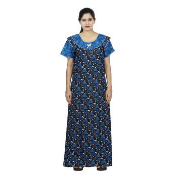 Blue & black colour floral design printed round  neck cotton nighty for ladies nightwear 1