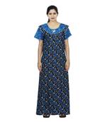 Blue & black colour floral design printed round  neck cotton nighty for ladies nightwear