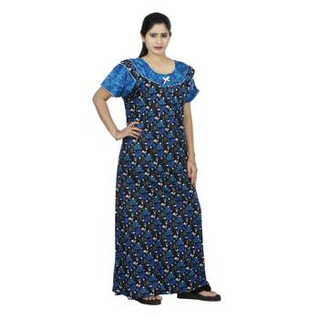 Blue & black colour floral design printed round  neck cotton nighty for ladies nightwear 2