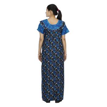 Blue & black colour floral design printed round  neck cotton nighty for ladies nightwear 3
