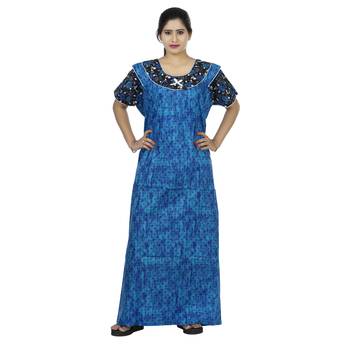 Blue & black colour dots design printed round  neck cotton nighty for ladies nightwear 1