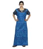 Blue & black colour dots design printed round  neck cotton nighty for ladies nightwear