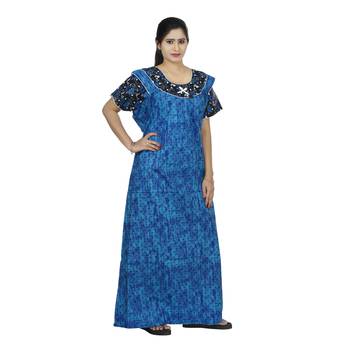 Blue & black colour dots design printed round  neck cotton nighty for ladies nightwear 2