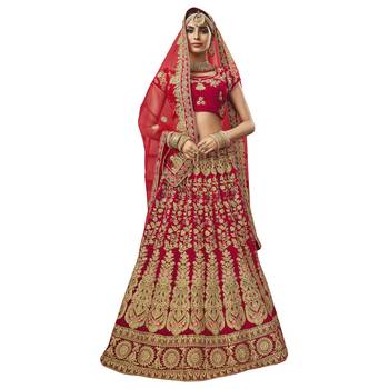 Red Embroidered Velvet Semi Stitched Lehenga With Dupatta 2