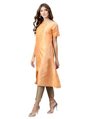 Peach Plain Art Silk Long Kurti 2