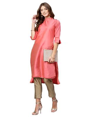 Pink Plain Art Silk Long Kurti 1