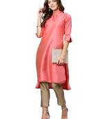 Pink Plain Art Silk Long Kurti