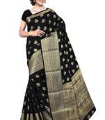 Black woven silk blend saree with blouse