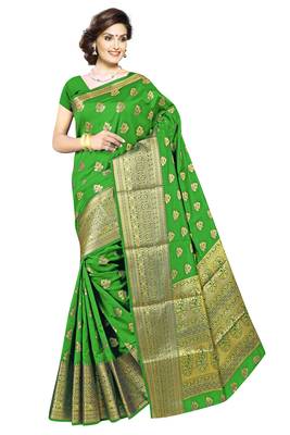 Green woven silk blend saree with blouse 1