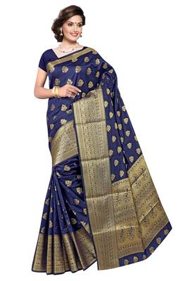 Navy blue woven silk blend saree with blouse 1