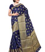 Navy blue woven silk blend saree with blouse