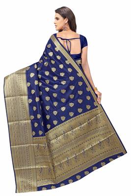 Navy blue woven silk blend saree with blouse 2