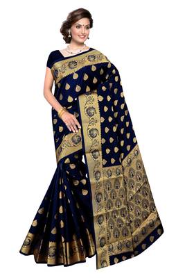 Navy blue woven silk blend saree with blouse 1