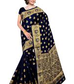 Navy blue woven silk blend saree with blouse