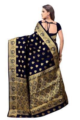 Navy blue woven silk blend saree with blouse 2