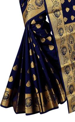 Navy blue woven silk blend saree with blouse 4