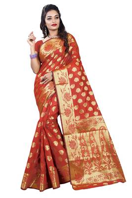 Orange woven silk blend saree with blouse 1