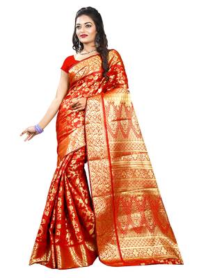 Red woven silk blend saree with blouse 1